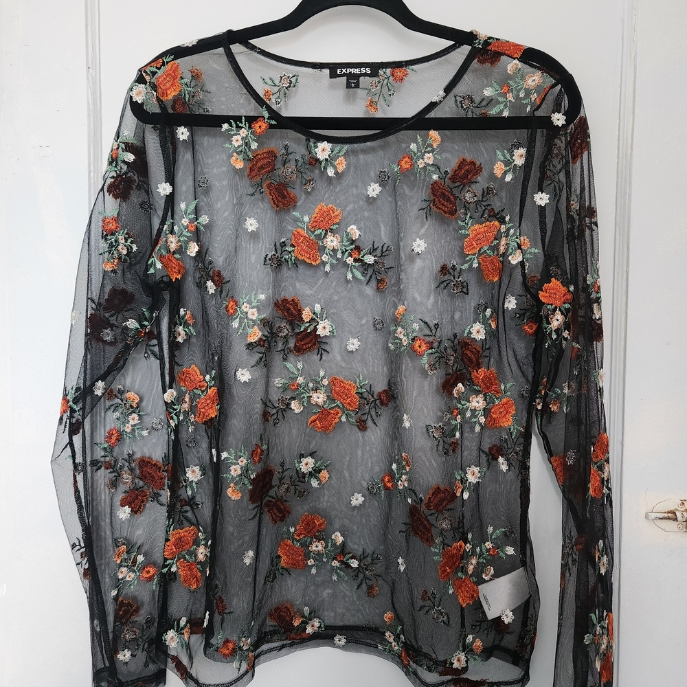Express Black Mesh Top with Floral Embroidery